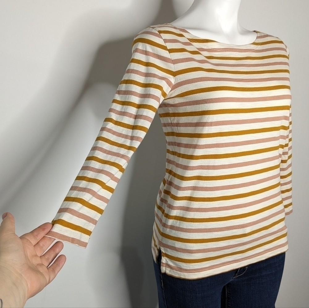 ✨3/$15 J Crew cream & mustard yellow striped 3/4 sleeve top XS - Picture 3 of 7
